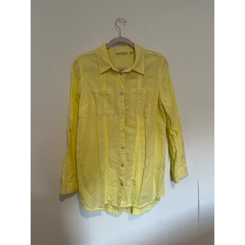 Soft Surroundings Top Yellow Linen Cotton Lace Pocket Button Down Shirt Small